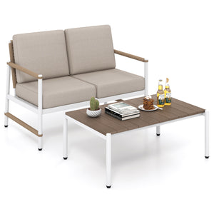 Reinforced aluminum frames for durability  rust-resistance and lighter weight<br>Slatted PS tabletop prevents pooling and is easy to clean<br>Stylish and cozy loveseat with comfortable armrests<br>Round PE rattan backrest improves the look of your outdoor