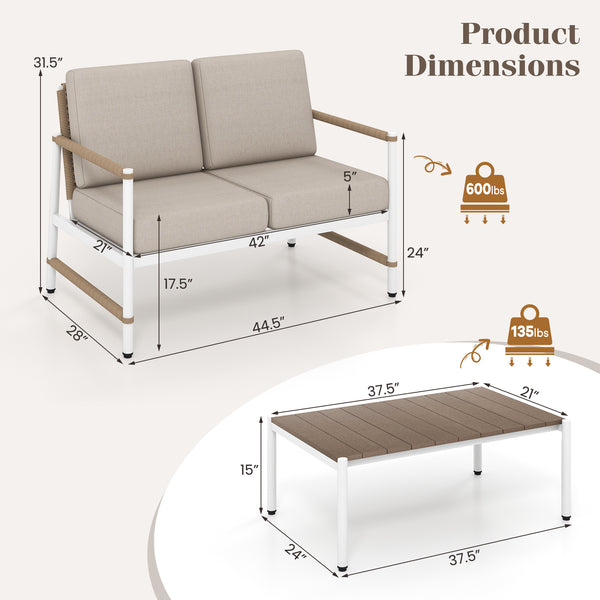 Reinforced aluminum frames for durability  rust-resistance and lighter weight<br>Slatted PS tabletop prevents pooling and is easy to clean<br>Stylish and cozy loveseat with comfortable armrests<br>Round PE rattan backrest improves the look of your outdoor