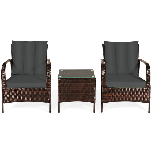 Durable and sturdy rattan and steel materials for long service time<br>The thick sponged cushion is soft and the cover is washable<br>Weatherproof materials ensure the furniture set is placed outside all year round<br>The coffee table has a tempered glass
