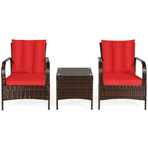Durable and sturdy rattan and steel materials for long service time<br>The thick sponged cushion is soft and the cover is washable<br>Weatherproof materials ensure the furniture set is placed outside all year round<br>The coffee table has a tempered glass