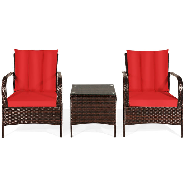 Durable and sturdy rattan and steel materials for long service time<br>The thick sponged cushion is soft and the cover is washable<br>Weatherproof materials ensure the furniture set is placed outside all year round<br>The coffee table has a tempered glass