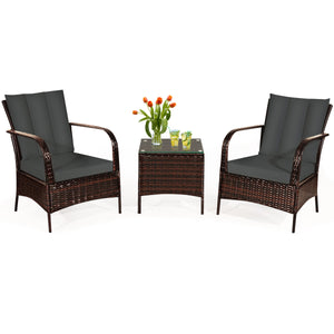 Durable and sturdy rattan and steel materials for long service time<br>The thick sponged cushion is soft and the cover is washable<br>Weatherproof materials ensure the furniture set is placed outside all year round<br>The coffee table has a tempered glass