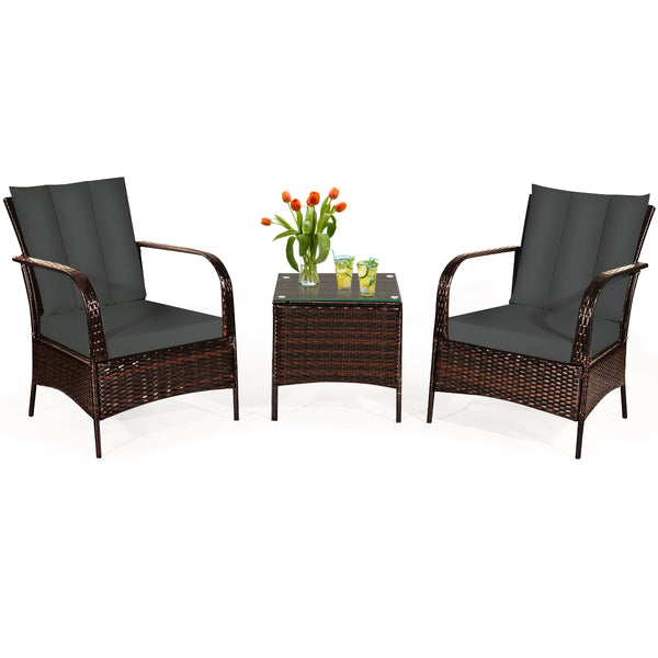 Durable and sturdy rattan and steel materials for long service time<br>The thick sponged cushion is soft and the cover is washable<br>Weatherproof materials ensure the furniture set is placed outside all year round<br>The coffee table has a tempered glass
