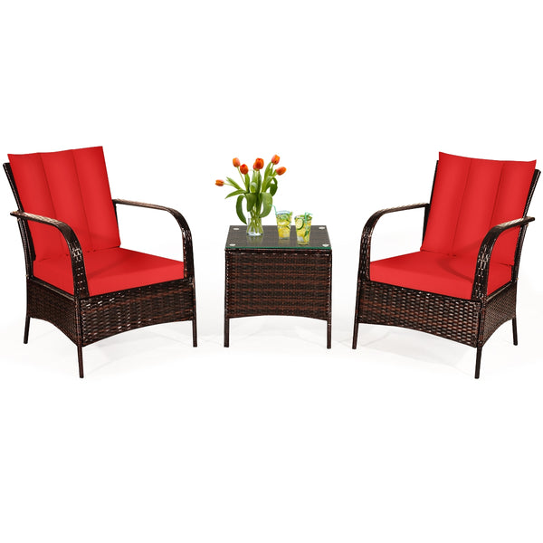 Durable and sturdy rattan and steel materials for long service time<br>The thick sponged cushion is soft and the cover is washable<br>Weatherproof materials ensure the furniture set is placed outside all year round<br>The coffee table has a tempered glass