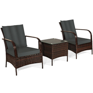 Durable and sturdy rattan and steel materials for long service time<br>The thick sponged cushion is soft and the cover is washable<br>Weatherproof materials ensure the furniture set is placed outside all year round<br>The coffee table has a tempered glass