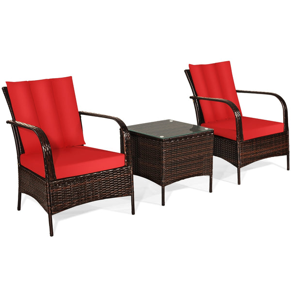 Durable and sturdy rattan and steel materials for long service time<br>The thick sponged cushion is soft and the cover is washable<br>Weatherproof materials ensure the furniture set is placed outside all year round<br>The coffee table has a tempered glass