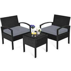 This rattan patio conversation set which will provide you a comfortable experience in your leisure time. Â  This set of outdoor furniture is made of high-quality rattan and strong steel  which is durable and has a long service life. The thick soft cushion