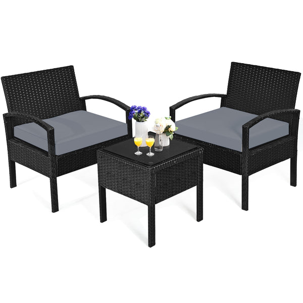 This rattan patio conversation set which will provide you a comfortable experience in your leisure time. Â  This set of outdoor furniture is made of high-quality rattan and strong steel  which is durable and has a long service life. The thick soft cushion