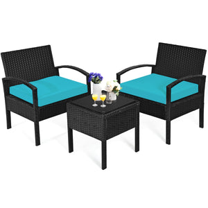 This rattan patio conversation set which will provide you a comfortable experience in your leisure time. Â  This set of outdoor furniture is made of high-quality rattan and strong steel  which is durable and has a long service life. The thick soft cushion