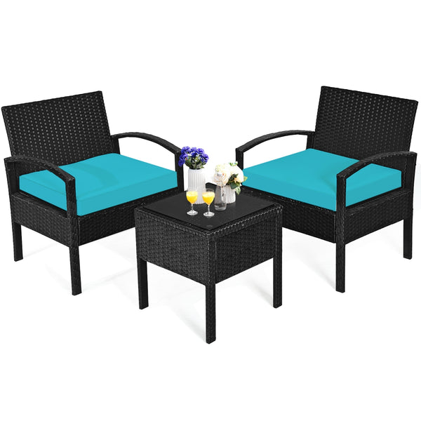 This rattan patio conversation set which will provide you a comfortable experience in your leisure time. Â  This set of outdoor furniture is made of high-quality rattan and strong steel  which is durable and has a long service life. The thick soft cushion