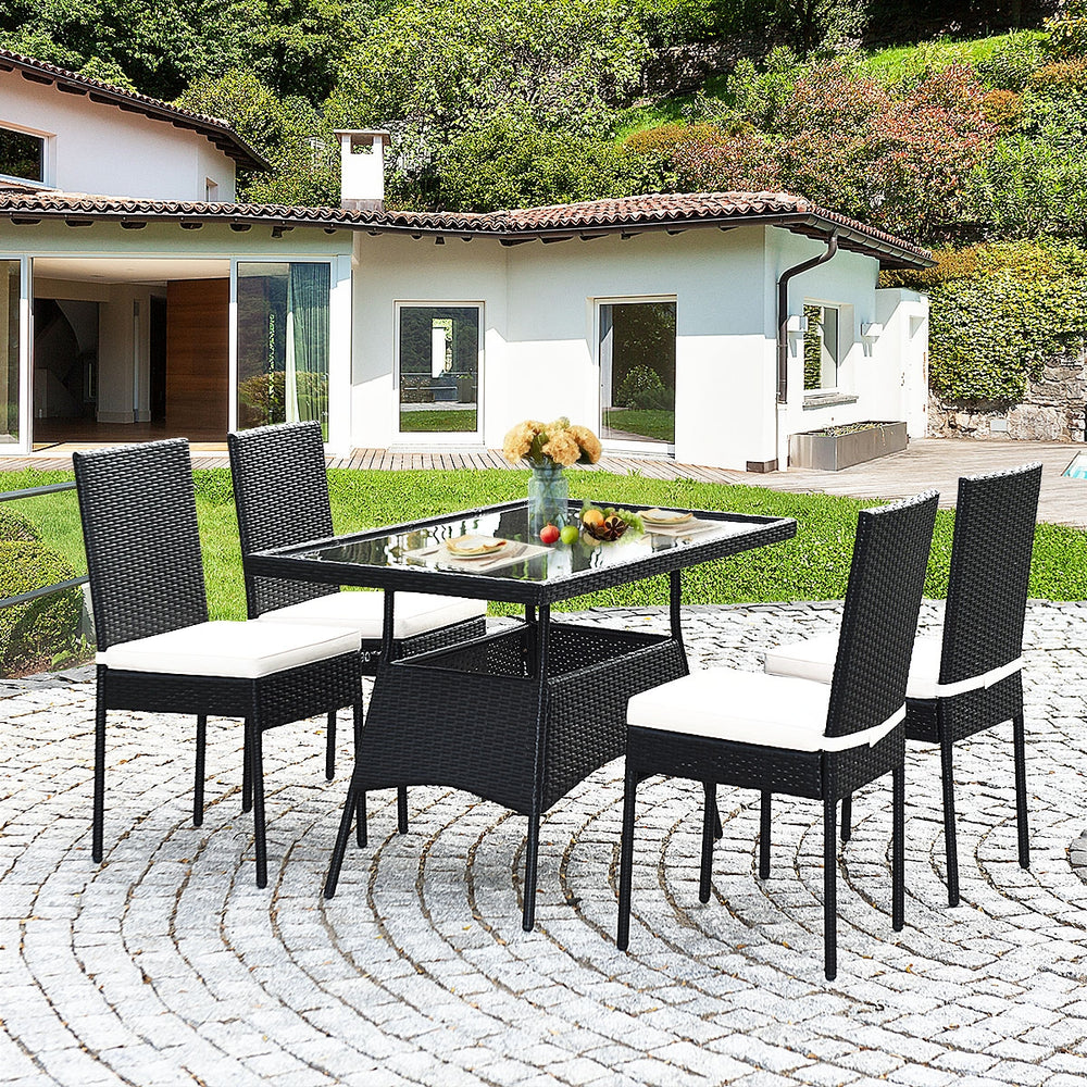High-quality steel materials can ensure to last<br>Durable and weather-resistant PE rattan provides a long service life<br>The dining table with a tempered glass top provides spacious dining space<br>The cushions with hook and loop fasteners make you feel