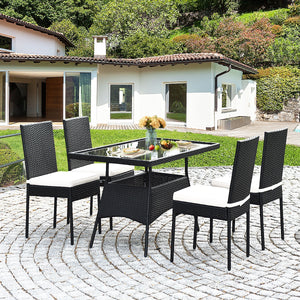 High-quality steel materials can ensure to last<br>Durable and weather-resistant PE rattan provides a long service life<br>The dining table with a tempered glass top provides spacious dining space<br>The cushions with hook and loop fasteners make you feel