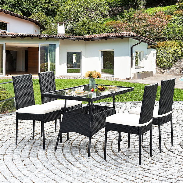 High-quality steel materials can ensure to last<br>Durable and weather-resistant PE rattan provides a long service life<br>The dining table with a tempered glass top provides spacious dining space<br>The cushions with hook and loop fasteners make you feel
