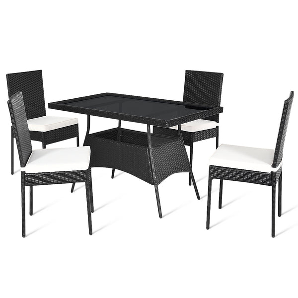High-quality steel materials can ensure to last<br>Durable and weather-resistant PE rattan provides a long service life<br>The dining table with a tempered glass top provides spacious dining space<br>The cushions with hook and loop fasteners make you feel
