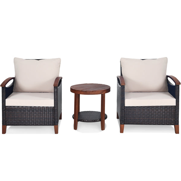 Made of tightly woven all-weather rattan to ensure durability<br>Acacia wood frame and thickened legs provide powerful support<br>The space-saving table can be used as an end table  side table  or coffee table<br>Thick cushions filled with premium sponge 