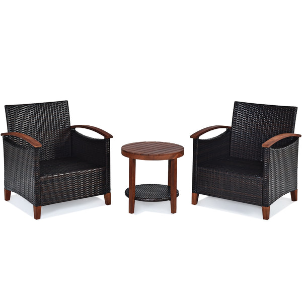 Made of tightly woven all-weather rattan to ensure durability<br>Acacia wood frame and thickened legs provide powerful support<br>The space-saving table can be used as an end table  side table  or coffee table<br>Thick cushions filled with premium sponge 