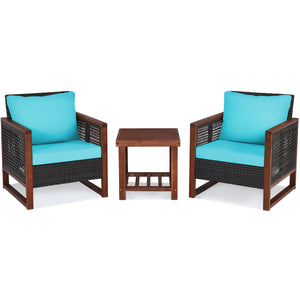 Please avoid rain exposure for longer serving time.<br>Package includes 2 sofas  1 table  2 seat cushions  2 back cushions and instruction<br>Made of all-weather rattan  sturdy and durable<br>Acacia wood frame and unique base provide powerful support<br>A