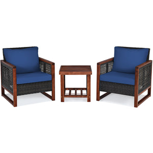Please avoid rain exposure for longer serving time.<br>Package includes 2 sofas  1 table  2 seat cushions  2 back cushions and instruction<br>Made of all-weather rattan  sturdy and durable<br>Acacia wood frame and unique base provide powerful support<br>A