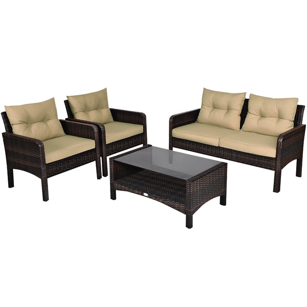 The rugged frame ensures sturdiness and stableness<br>Functional and beautiful design perfect for garden  backyard  and balcony<br>Rattan coffee table with tempered glass top and large storage space<br>Thick and comfortable cushions with removable cover<b