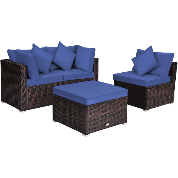 Includes 2 corner sofas  1armless table and 1 ottoman for versatile use<br>Sturdy powder-coated steel frame provides strong durability and stability<br>All-weather and wear-resistant PE rattan provides a long service life<br>Thick and soft sponge padded c
