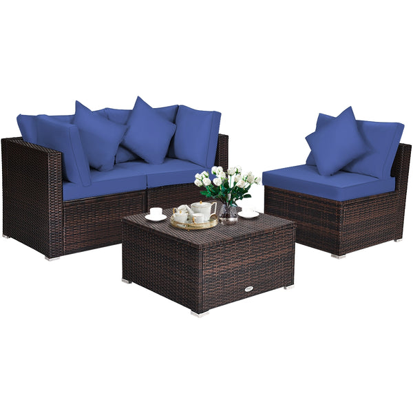 Includes 2 corner sofas  1armless table and 1 ottoman for versatile use<br>Sturdy powder-coated steel frame provides strong durability and stability<br>All-weather and wear-resistant PE rattan provides a long service life<br>Thick and soft sponge padded c