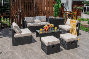 8-piece seat for more creative combinations<br>All weather PE rattan and rustproof steel frame for long time outdoor use<br>Sturdier and safer to use with high quality tempered glass tabletop<br>Soft and thick cushions for ultimate coziness<br>Hold the ot