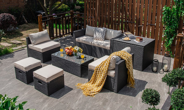 8-piece seat for more creative combinations<br>All weather PE rattan and rustproof steel frame for long time outdoor use<br>Sturdier and safer to use with high quality tempered glass tabletop<br>Soft and thick cushions for ultimate coziness<br>Hold the ot