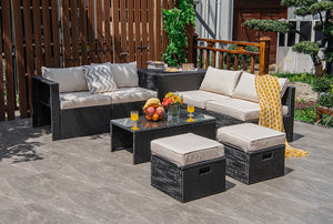 8-piece seat for more creative combinations<br>All weather PE rattan and rustproof steel frame for long time outdoor use<br>Sturdier and safer to use with high quality tempered glass tabletop<br>Soft and thick cushions for ultimate coziness<br>Hold the ot