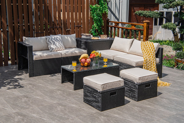 8-piece seat for more creative combinations<br>All weather PE rattan and rustproof steel frame for long time outdoor use<br>Sturdier and safer to use with high quality tempered glass tabletop<br>Soft and thick cushions for ultimate coziness<br>Hold the ot