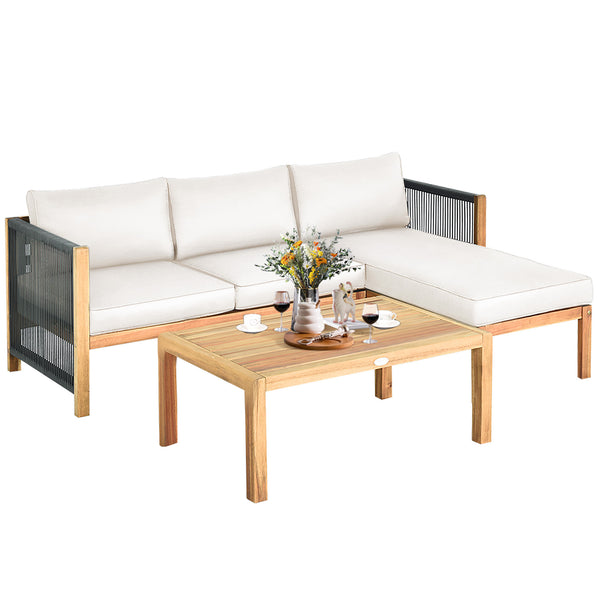 We commit to design a sofa set with elegant appearance to create a private corner. Â  Made of premium acacia wood  the frame is sturdy and durable for long time use. And it is stable with large weight capacity. The set comes with extra thick and high-resi