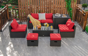 8-piece seat for more creative combinations<br>All weather PE rattan and rustproof steel frame for long time outdoor use<br>Sturdier and safer to use with high quality tempered glass tabletop<br>Soft and thick cushions for ultimate coziness<br>Hold the ot