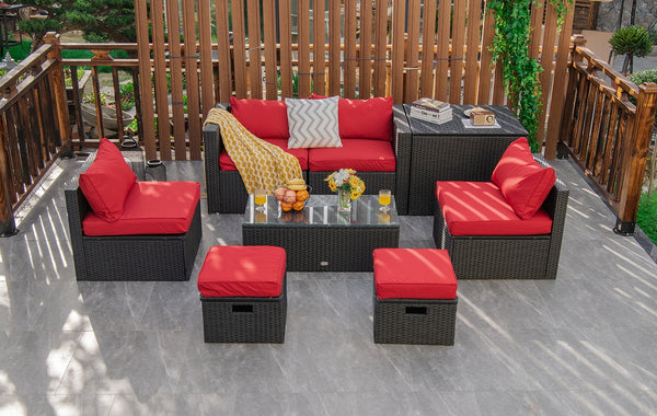 8-piece seat for more creative combinations<br>All weather PE rattan and rustproof steel frame for long time outdoor use<br>Sturdier and safer to use with high quality tempered glass tabletop<br>Soft and thick cushions for ultimate coziness<br>Hold the ot