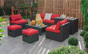 8-piece seat for more creative combinations<br>All weather PE rattan and rustproof steel frame for long time outdoor use<br>Sturdier and safer to use with high quality tempered glass tabletop<br>Soft and thick cushions for ultimate coziness<br>Hold the ot
