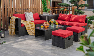 8-piece seat for more creative combinations<br>All weather PE rattan and rustproof steel frame for long time outdoor use<br>Sturdier and safer to use with high quality tempered glass tabletop<br>Soft and thick cushions for ultimate coziness<br>Hold the ot