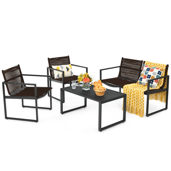 The patio conversation set is made of premium steel and durable polyester  which has a large load-bearing capacity and can be used for a long time. Â  The 4 pieces of patio furniture set will provide you and your family with a comfortable space for conver
