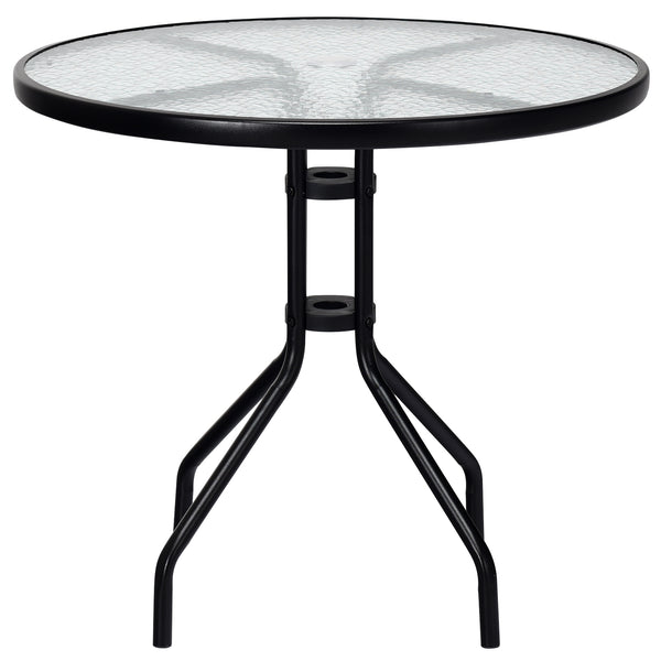 This round table will be your ideal choice if you are looking for a beautiful and practical table. Â  It is made of tempered glass and durable painted steel  which makes this table rust-proof and weather -resistant. Then it is suitable for outdoor and ind