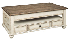 This lift top coffee table is traditional cottage styling taken to a new level. Antiqued two-tone finish blends a chipped white with a distressed wood finished top for a double serving of charm. Crafted with quality dovetail construction, this coffee tabl