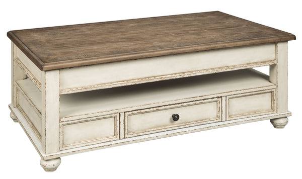 This lift top coffee table is traditional cottage styling taken to a new level. Antiqued two-tone finish blends a chipped white with a distressed wood finished top for a double serving of charm. Crafted with quality dovetail construction, this coffee tabl