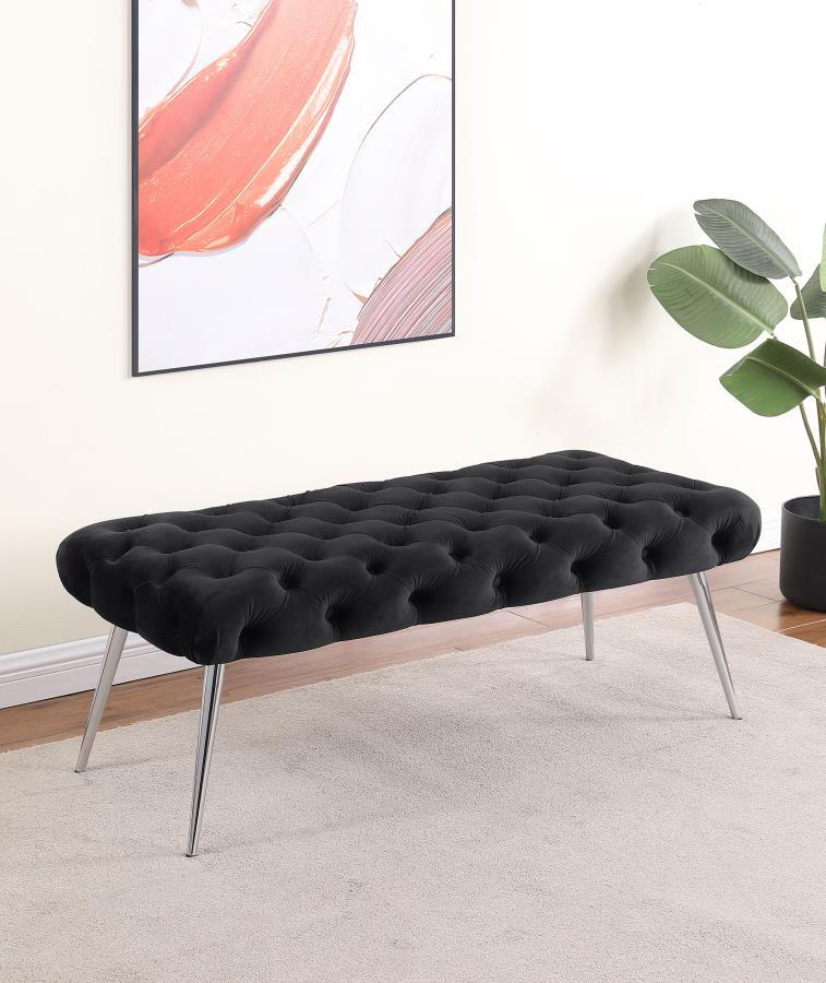 Enhance your living area, bedroom, or entryway with this sophisticated bench, skillfully blending timeless tufting and plush upholstery for a luxurious look and feel. Its meticulous button-tufted top adds depth and dimension, while slender metal legs prov