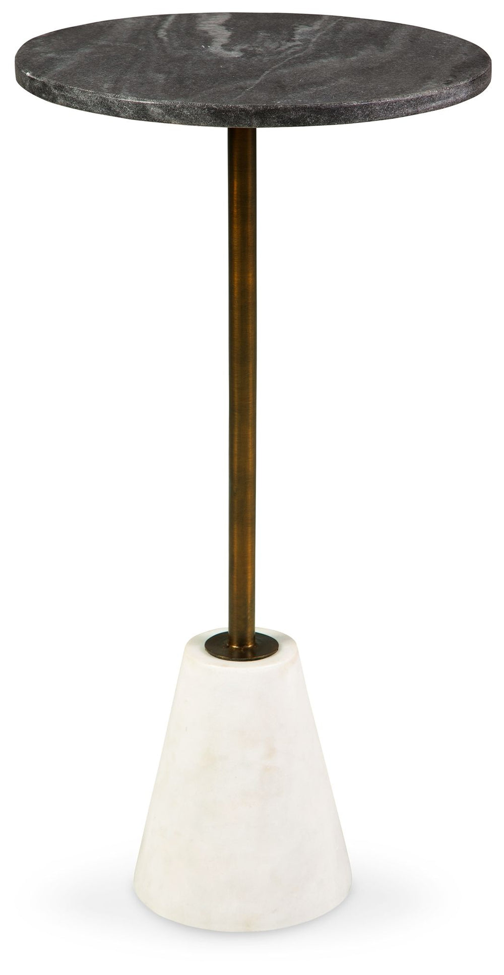Marvel at the marbled mastery of this high-end accent table. Made of beautiful black and white marble, the round tabletop is supported by a sturdy goldtone pedestal on a white marble base. With a sleek, tapered profile, this space-saving table is striking