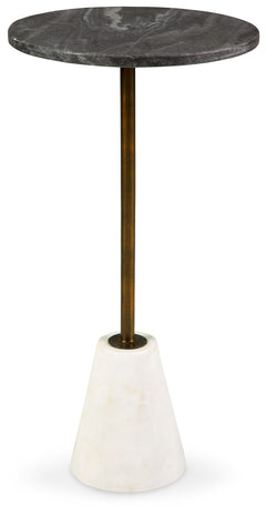 Marvel at the marbled mastery of this high-end accent table. Made of beautiful black and white marble, the round tabletop is supported by a sturdy goldtone pedestal on a white marble base. With a sleek, tapered profile, this space-saving table is striking