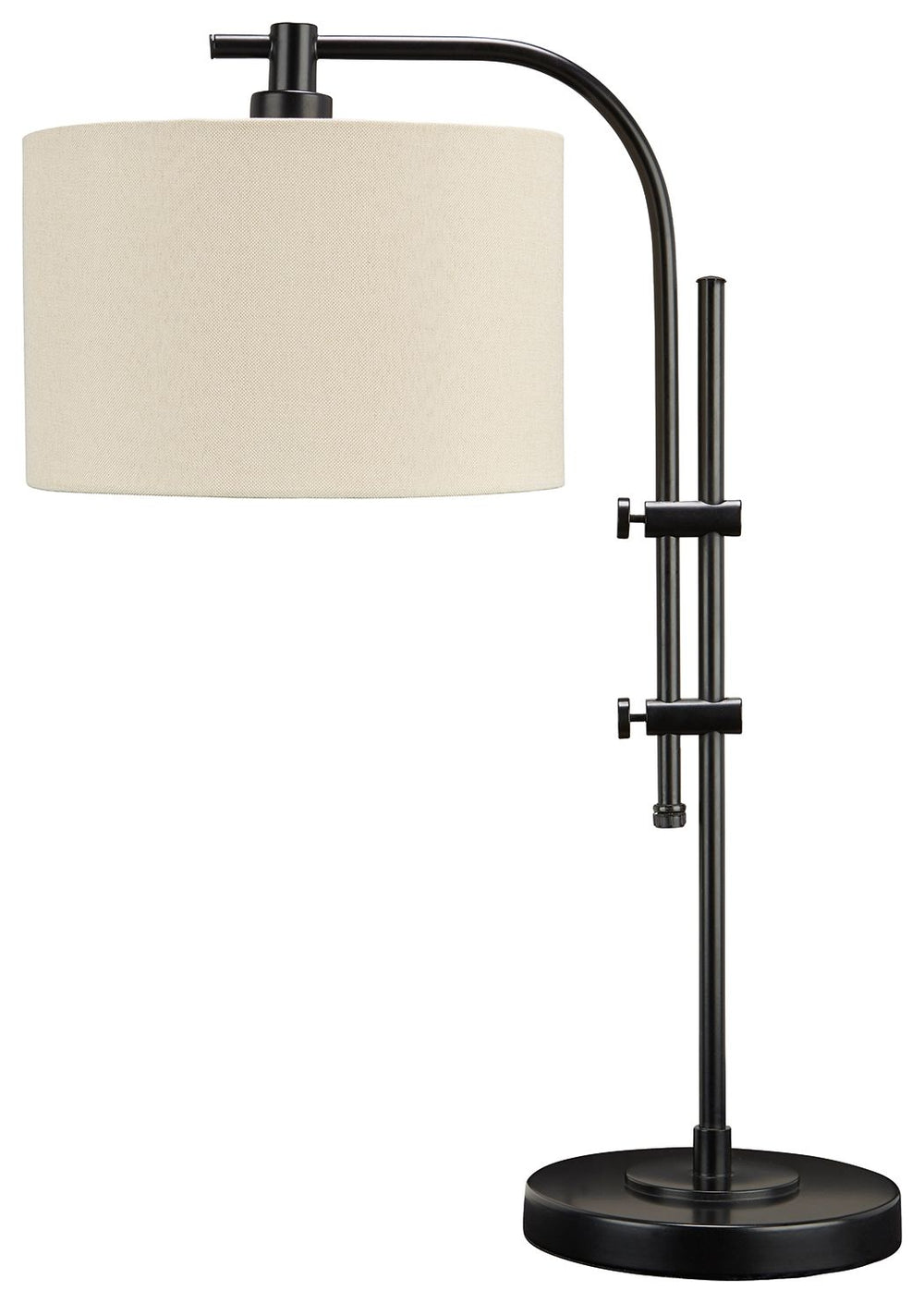 This metal desk lamp features a beautiful black finish that adds a rich accent to your living space. The lamp is elegantly curved with soft edges, and is adjustable to provide targeted illumination. Topped off with a crisp white drum shade, this lamp prov