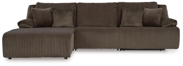 Experience unparalleled comfort with this reclining sectional with chaise. Itâ€™s a stylish and invitingly soft lookâ€”made all the more appealing by cozy corduroy cushions that feel great and add a touch of texture. The rich chocolate brown upholstery ef