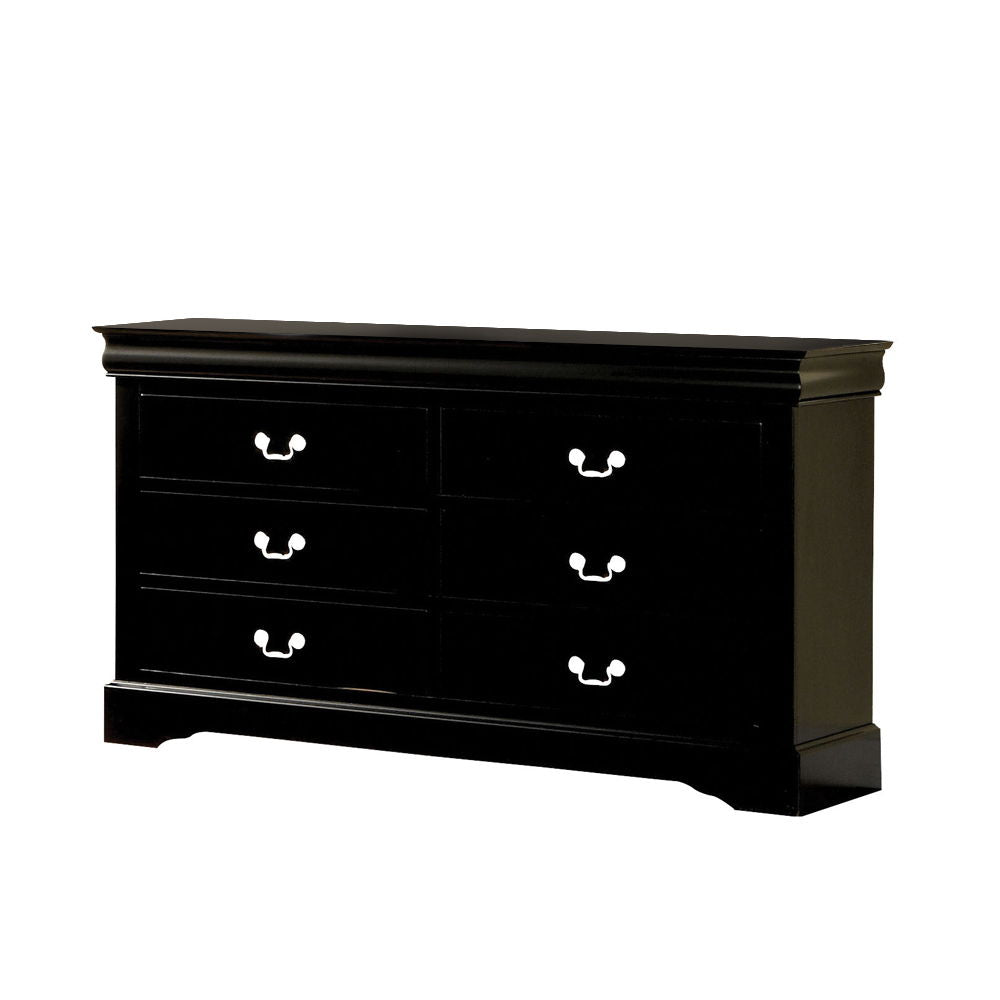 This Louis Philippe III dresser comes in black, cherry, white, and antique gray finish. Features six drawers that provide ample space to store your clothing, bedding and linens. All drawers have brushed nicked metal hardware and center metal glides. This 