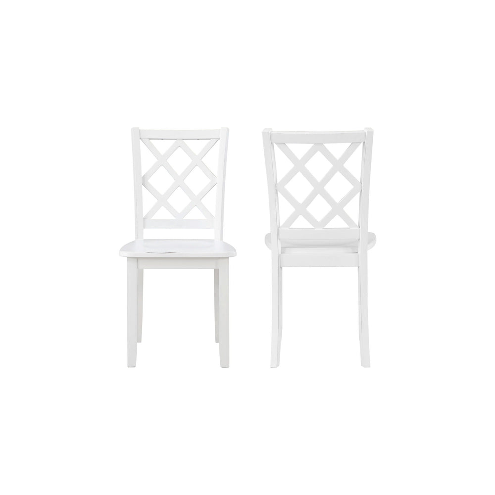The Trellis Wood Dining Chair set in white combines quality construction with a charming farmhouse finish, making it an ideal addition to any dining space. This set includes two dining chairs, each crafted from solid rubberwood for long-lasting durability