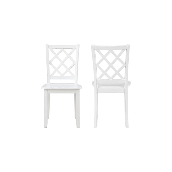 The Trellis Wood Dining Chair set in white combines quality construction with a charming farmhouse finish, making it an ideal addition to any dining space. This set includes two dining chairs, each crafted from solid rubberwood for long-lasting durability