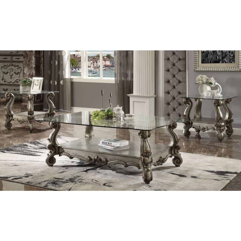 KD, Square End Table w/Glass Top â€¢ Open Compartment: Bottom Shelf â€¢ 10mm Clear Tempered Glass w/Beveled â€¢ Oversized Scrolled Legs & Shelf Apron: Poly Resin with Antique Contrast Finish<br/><br/><b>Product Features</b><ul><li>Case: 1Pc/1Ctn</li><li>F