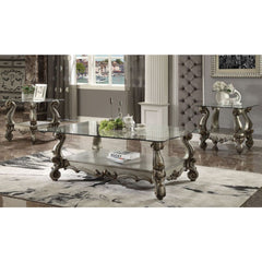 KD, Square End Table w/Glass Top â€¢ Open Compartment: Bottom Shelf â€¢ 10mm Clear Tempered Glass w/Beveled â€¢ Oversized Scrolled Legs & Shelf Apron: Poly Resin with Antique Contrast Finish<br/><br/><b>Product Features</b><ul><li>Case: 1Pc/1Ctn</li><li>F