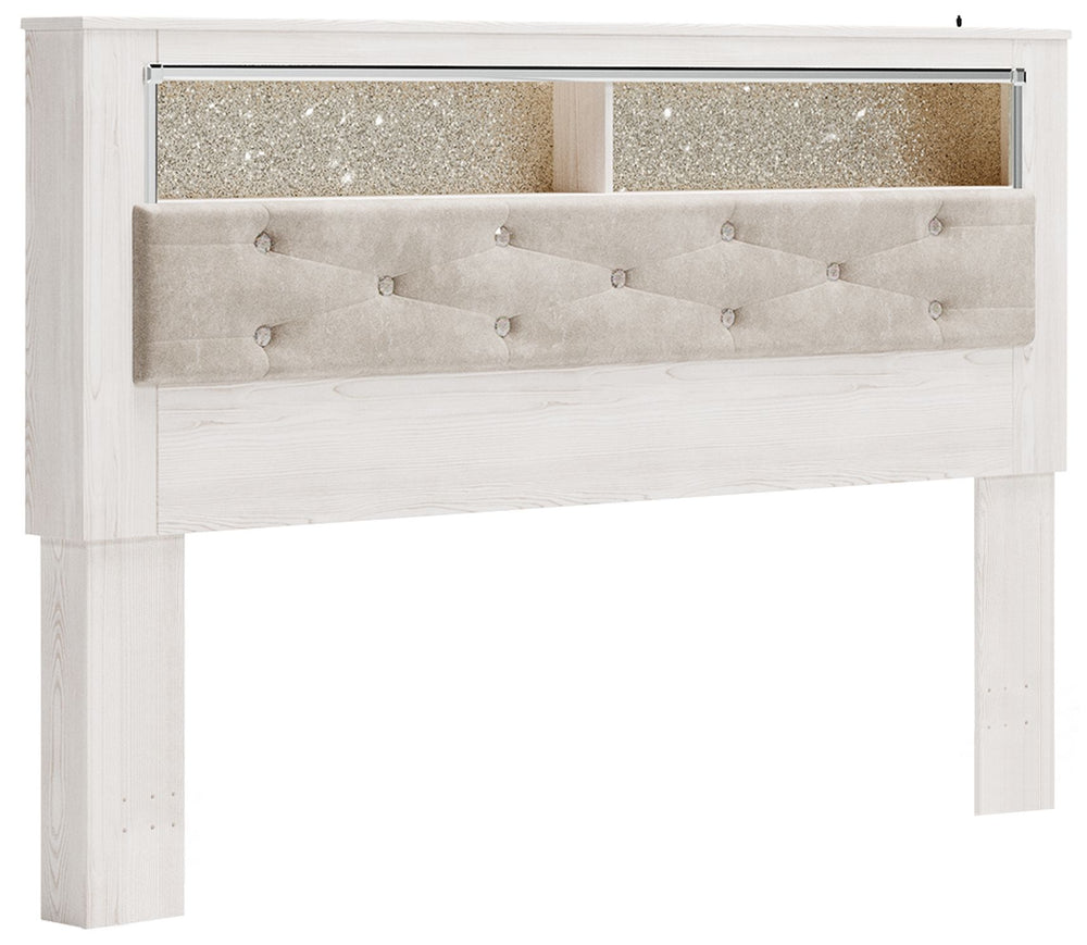 The epitome of fashion-forward design, this king upholstered bookcase headboard is a beautiful blend of comfort and luxury. Shiny chrome-tone accents, a pearlized finish and button-tufted upholstery bring a glam touch to the richly rustic appearance. Remo