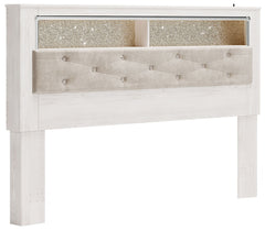 The epitome of fashion-forward design, this king upholstered bookcase headboard is a beautiful blend of comfort and luxury. Shiny chrome-tone accents, a pearlized finish and button-tufted upholstery bring a glam touch to the richly rustic appearance. Remo